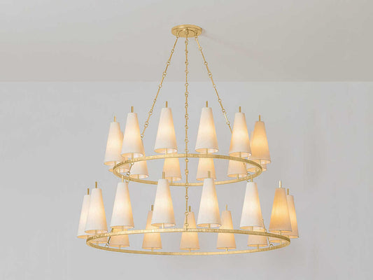 Corbett Lighting 27-Light Tirana Chandelier in Vintage Gold Leaf with Raw Silk Shades