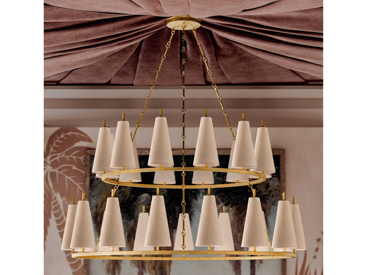 Corbett Lighting 27-Light Tirana Chandelier in Vintage Gold Leaf with Raw Silk Shades