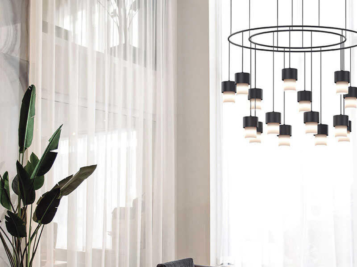 Luxcambra Kan 8-Light Modern Chandelier in Textured Black with Cotonet Shades