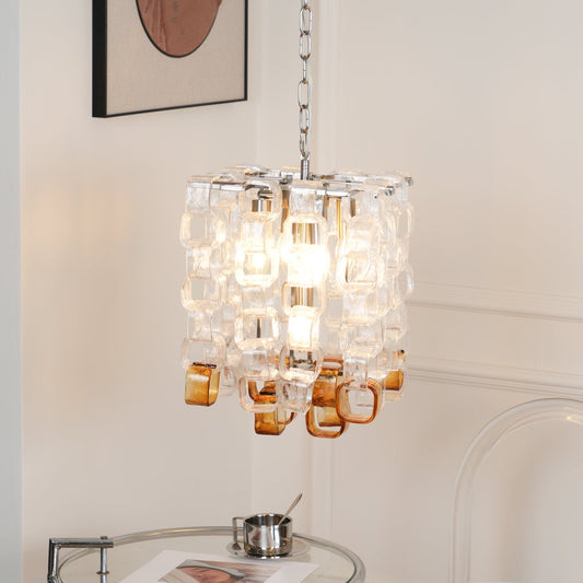 Murano Poliarte Interlocking Chandelier ∅ 12.6″ x H 16.1″ / Clear & Amber & Chrome Chandelier