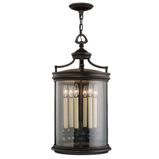 Fine Art Handcrafted Lighting Louvre Six-Light Outdoor Pendant with Antiqued Candles and Clear Blown Glass Shade