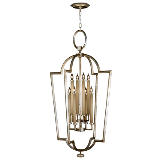 Fine Art Handcrafted Lighting Allegretto Silver Eight-Light Foyer Pendant with White Textured Linen Shade