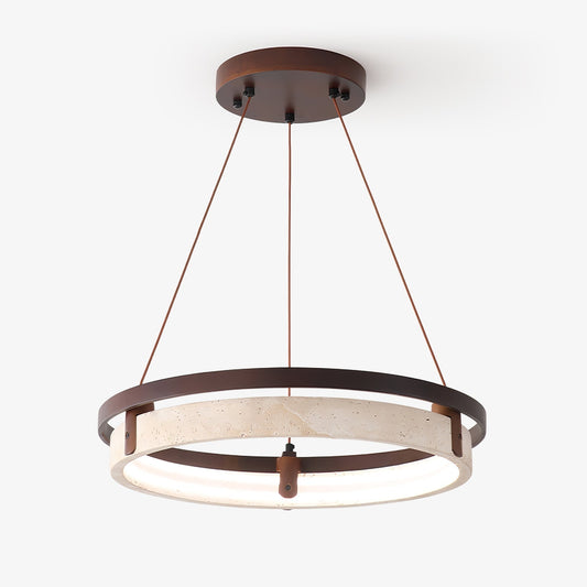 Orbit Travertine Pendant Light ∅ 24.8″ x H 1.9″ / Yellow Travertine & Walnut Wood / Warm Light 1001 pendant Lamp