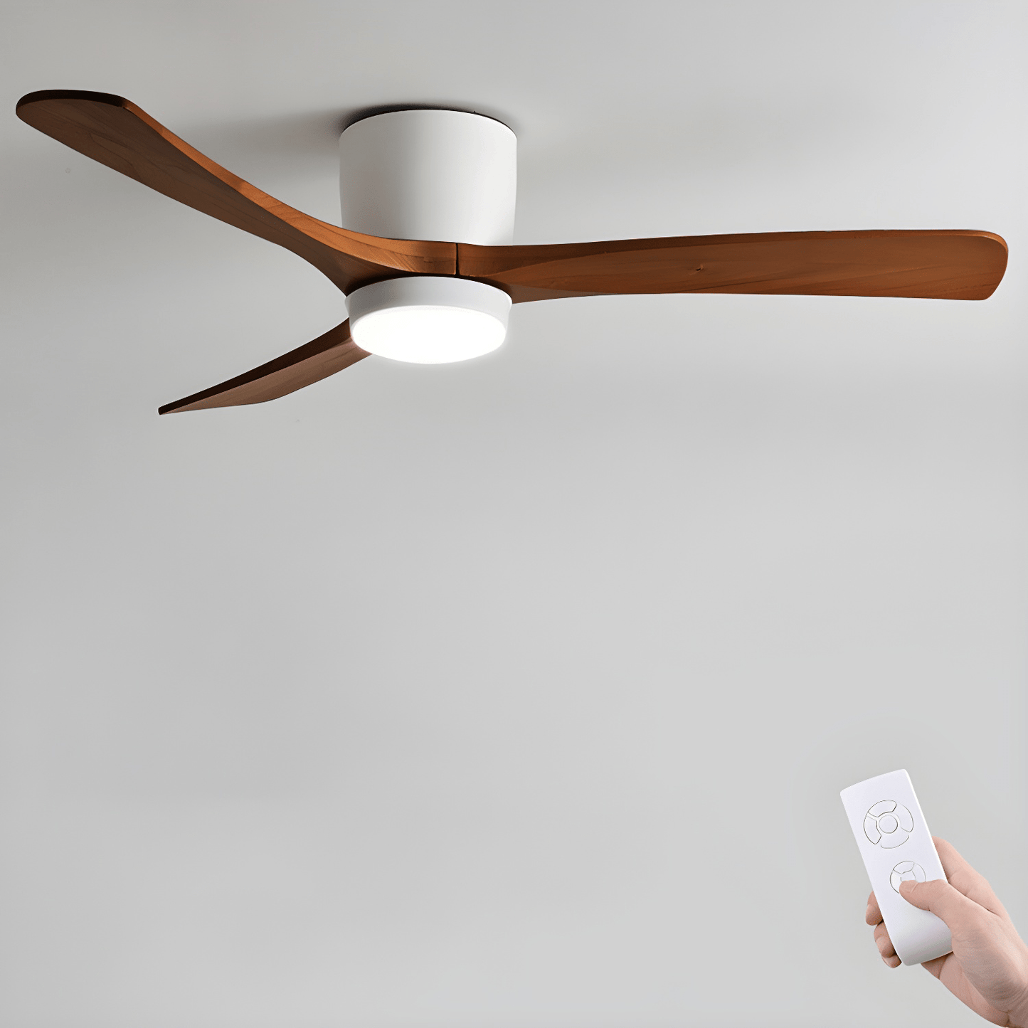 Nordic Wooden 42’’/48’’/52’’ Ceiling Fan Light ∅ 36″ x H 11″ / White & Walnut Wood / Three-Color Changing Light 1001