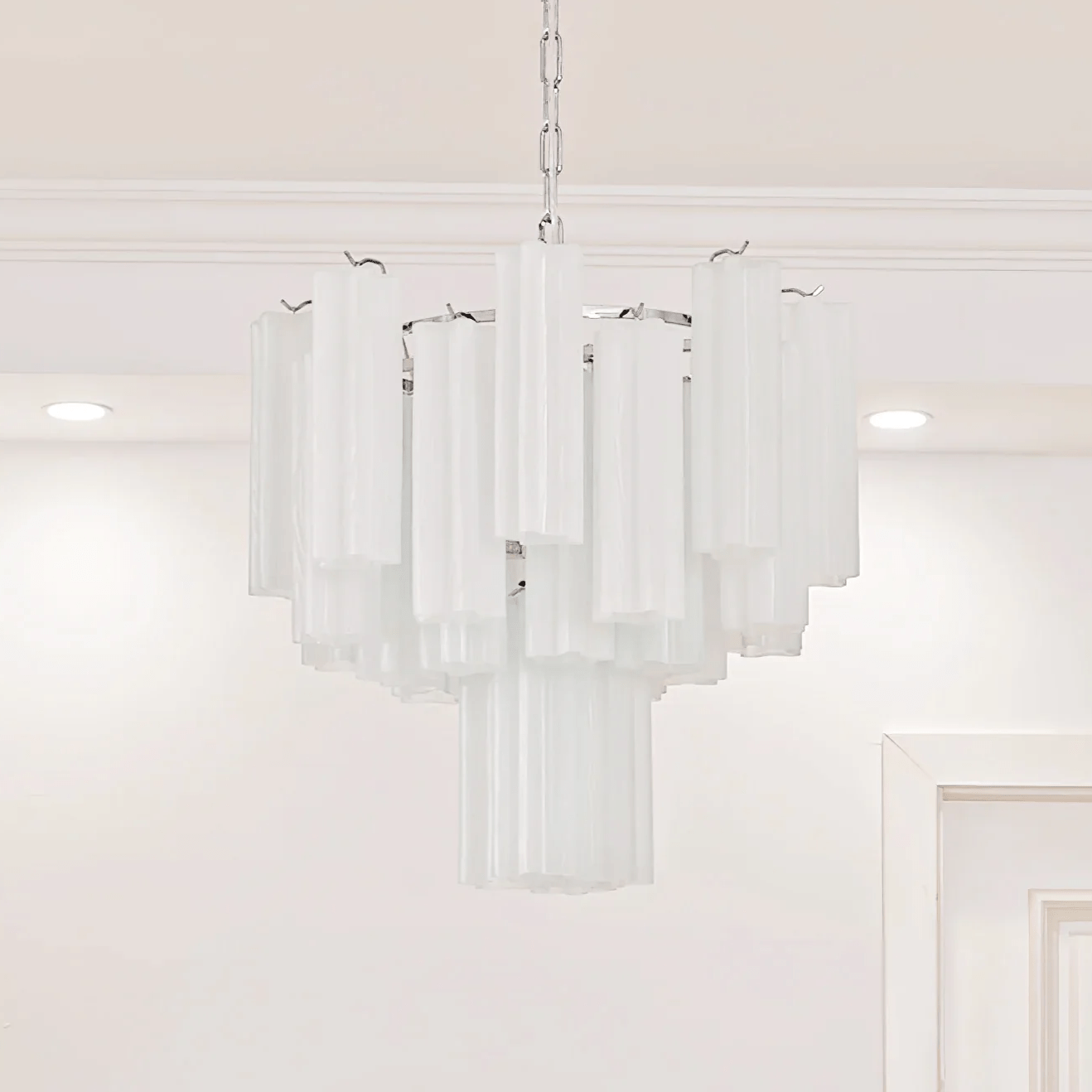 Frosted Glass Tubes Chandelier ∅ 19.7″ x H 17.3″ / White & Nickel Chandelier