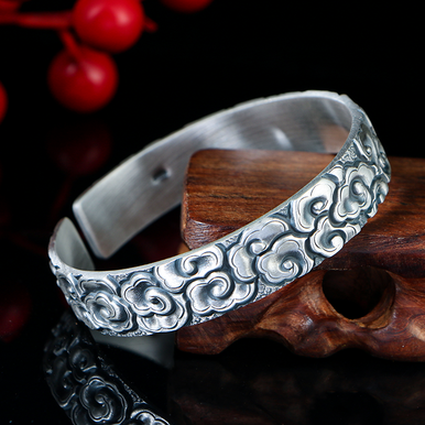 Handmade 999 Silver Ornate Cloud Opening Adjustable Bracelet For Men