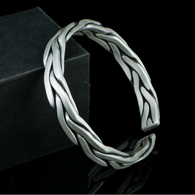 Handmade 999 Silver Braided Bracelet For Men Retro Solid Thick Handmade Opening Adjustable