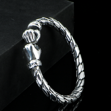 Handmade 999 Silver Bangle Men Glossy Twist Fist Cuff Bracelet