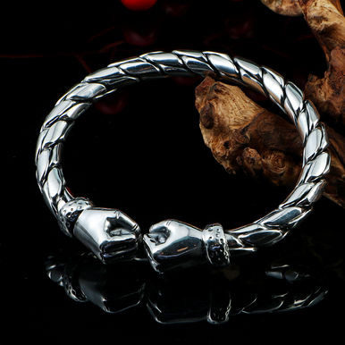 Handmade 999 Silver Bangle Men Glossy Twist Fist Cuff Bracelet
