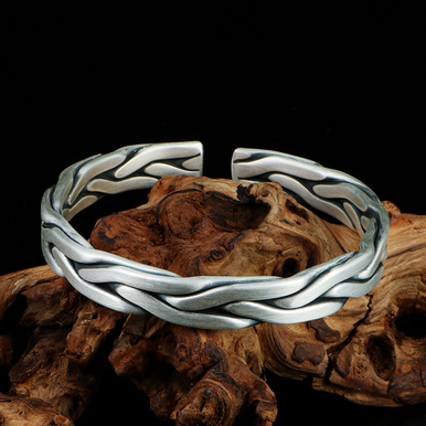 Handmade 999 Silver Braided Bracelet For Men Retro Solid Thick Handmade Opening Adjustable