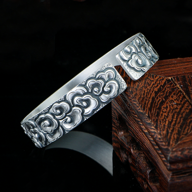 Handmade 999 Silver Ornate Cloud Opening Adjustable Bracelet For Men