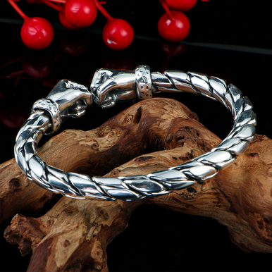 Handmade 999 Silver Bangle Men Glossy Twist Fist Cuff Bracelet