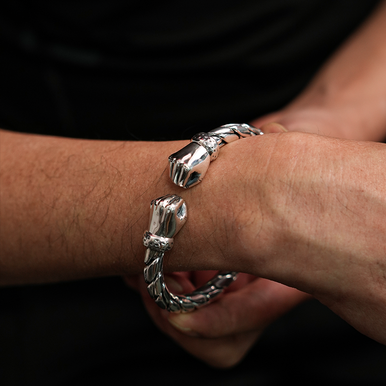 Handmade 999 Silver Bangle Men Glossy Twist Fist Cuff Bracelet