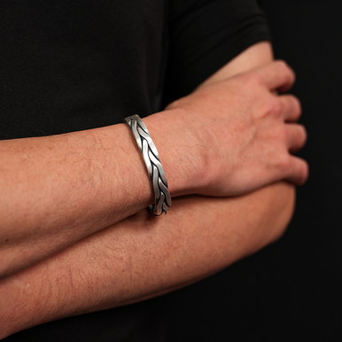 Handmade 999 Silver Braided Bracelet For Men Retro Solid Thick Handmade Opening Adjustable