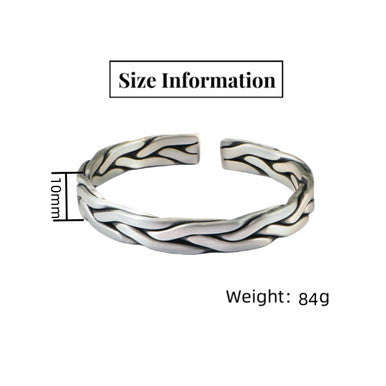 Handmade 999 Silver Braided Bracelet For Men Retro Solid Thick Handmade Opening Adjustable