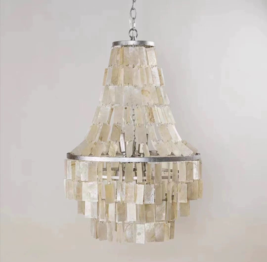Boho Shell Tiered Chandelier ∅ 17.7″ x H 25.6″ / Silver & White Chandelier