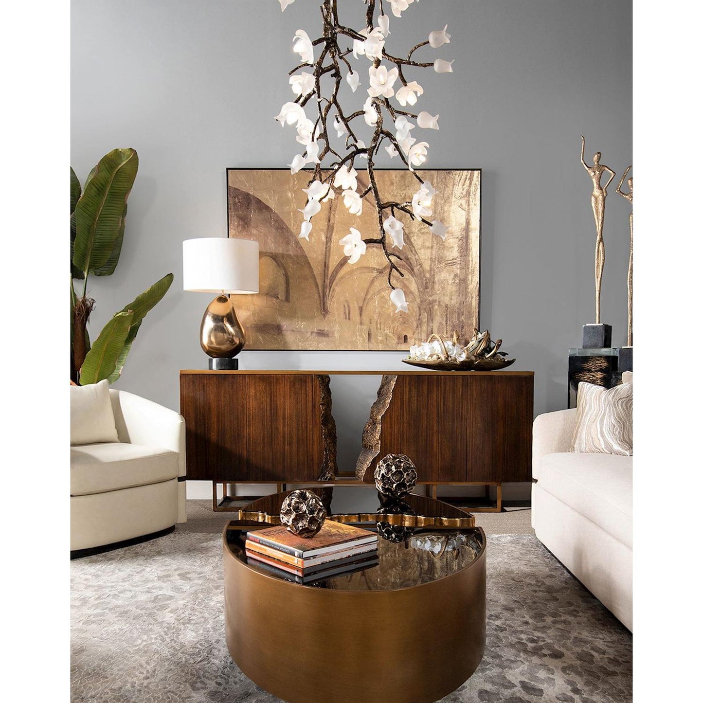 John Richard Churippu Magnolia & Tulip Glass Bronze Vertical Twenty-One Light Chandelier