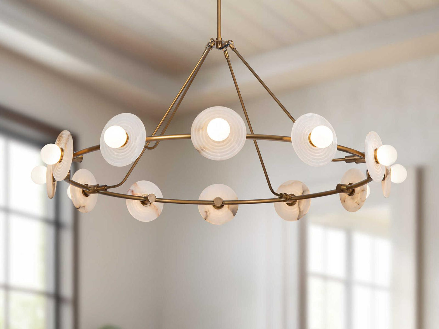 Alora Lighting Dahlia LED Chandelier with Ribbed Alabaster Plates and Vintage Brass Finish