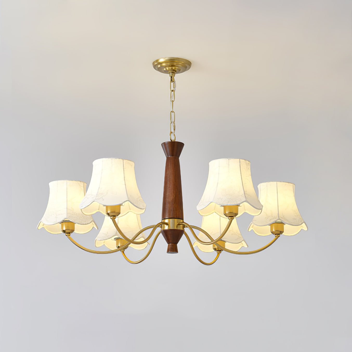 Alyssa Fabric Chandelier 6 Heads ∅ 35.4″ x H 13.8″ / Dia 90cm x H 35cm / Walnut Wood & Brass Chandelier