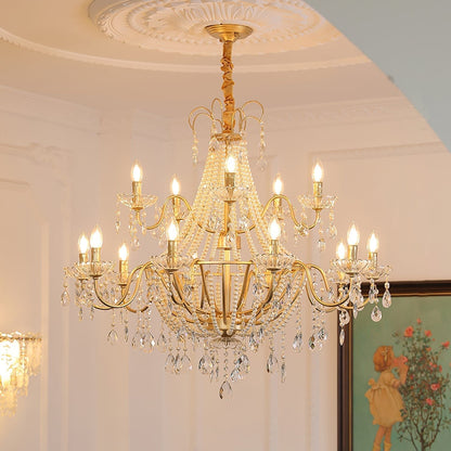Arcadia Gold Chandelier 10 + 5 Heads ∅ 38.6″ x H 41.3″ / Gold & Clear Chandelier