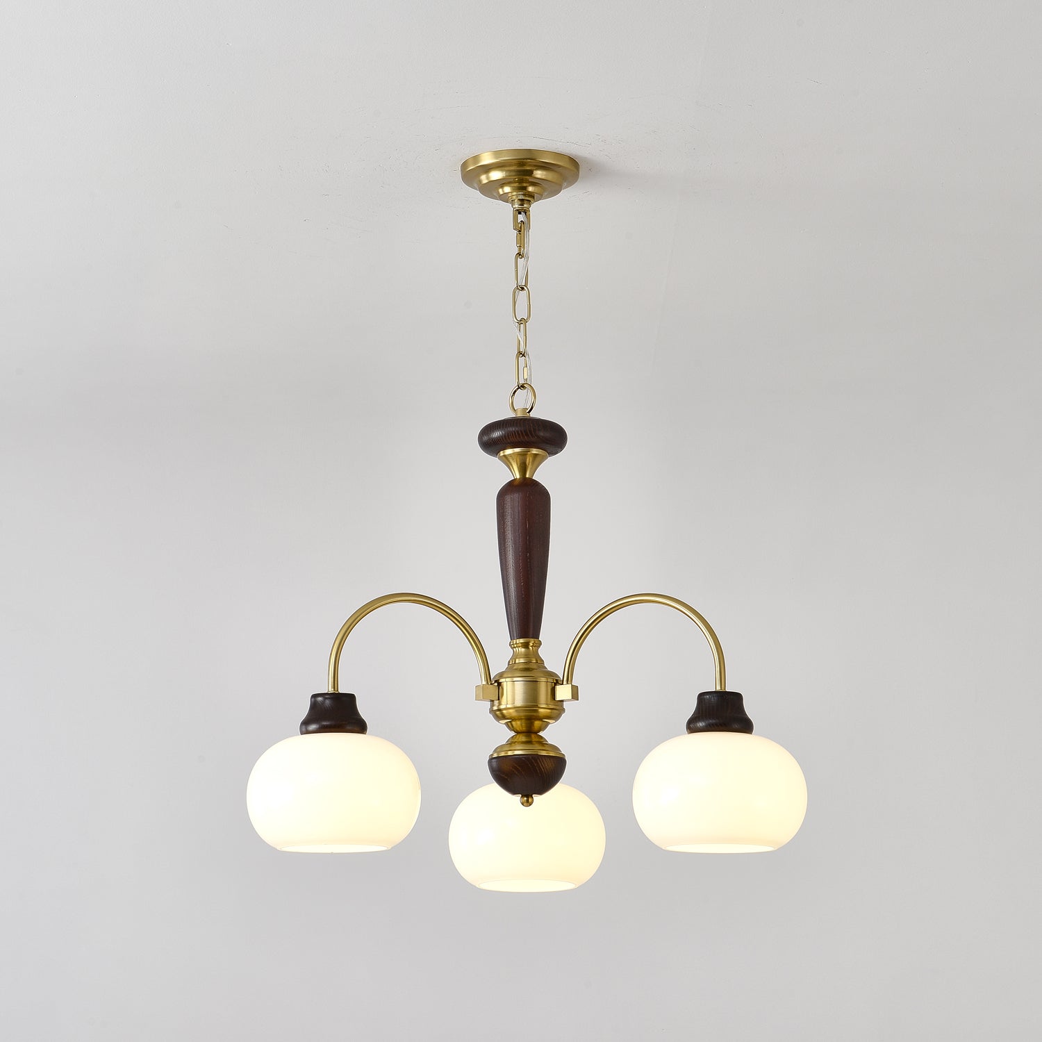 Arched Globe Chandelier 3 heads ∅ 28.3″ x H 15.7″ / Walnut Color & Gold Chandelier