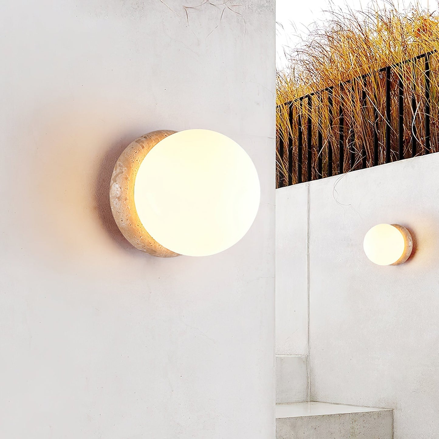 Asteroid Wall Light ∅ 6.3″ x H 6.3″ / Yellow Travertine & White / Warm Light Wall lamp