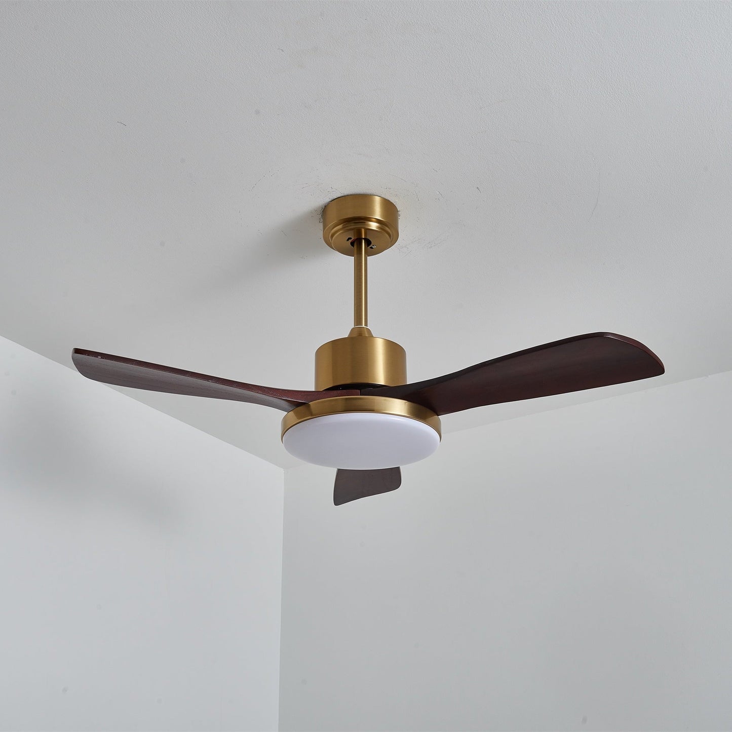 Aurevo Ceiling Fan Light ∅ 52″ x H 15.7″ / Walnut Wood Color & Gold / Three-Color Changing Light 1001 Ceiling fan light