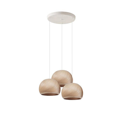 Aurora Whorl Wood Pendant Lamp 3 Heads M Round Canopy ∅ 19.7″ x H 59.1″ / Dia 50cm x H 150cm / Wood Color / Warm Light