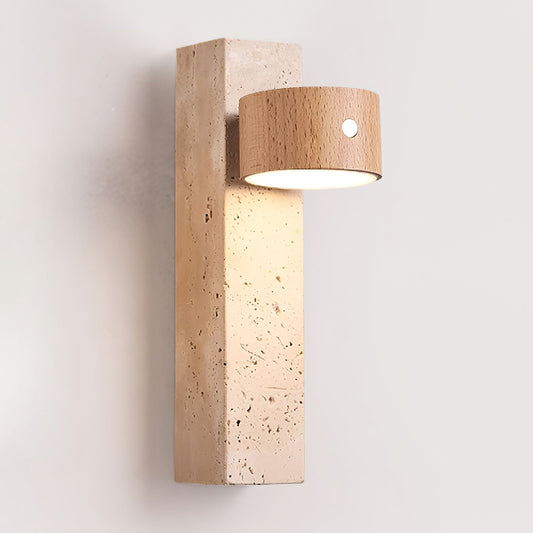 Axis Wood Rechargeable Wall Light ∅ 2.8″ x H 9.1″ / Wood color & Yellow Travertine / USB charging plug & Warm Light