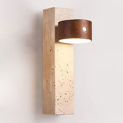 Axis Wood Rechargeable Wall Light ∅ 2.8″ x H 9.1″ / Dark walnut & Yellow Travertine / USB charging plug & Warm Light