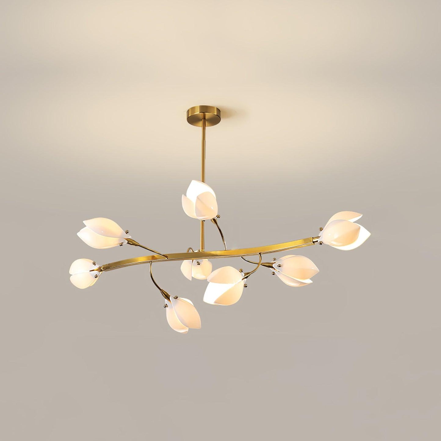Porcelain Magnolia Chandelier 8 heads L 34.6″ x W 17.7″ x H 11.8″ / L 88cm x W 45cm x H 30cm / Gold & White Ceramic
