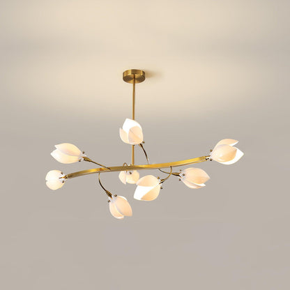 Porcelain Magnolia Chandelier 8 heads L 34.6″ x W 17.7″ x H 11.8″ / L 88cm x W 45cm x H 30cm / Gold & White Ceramic