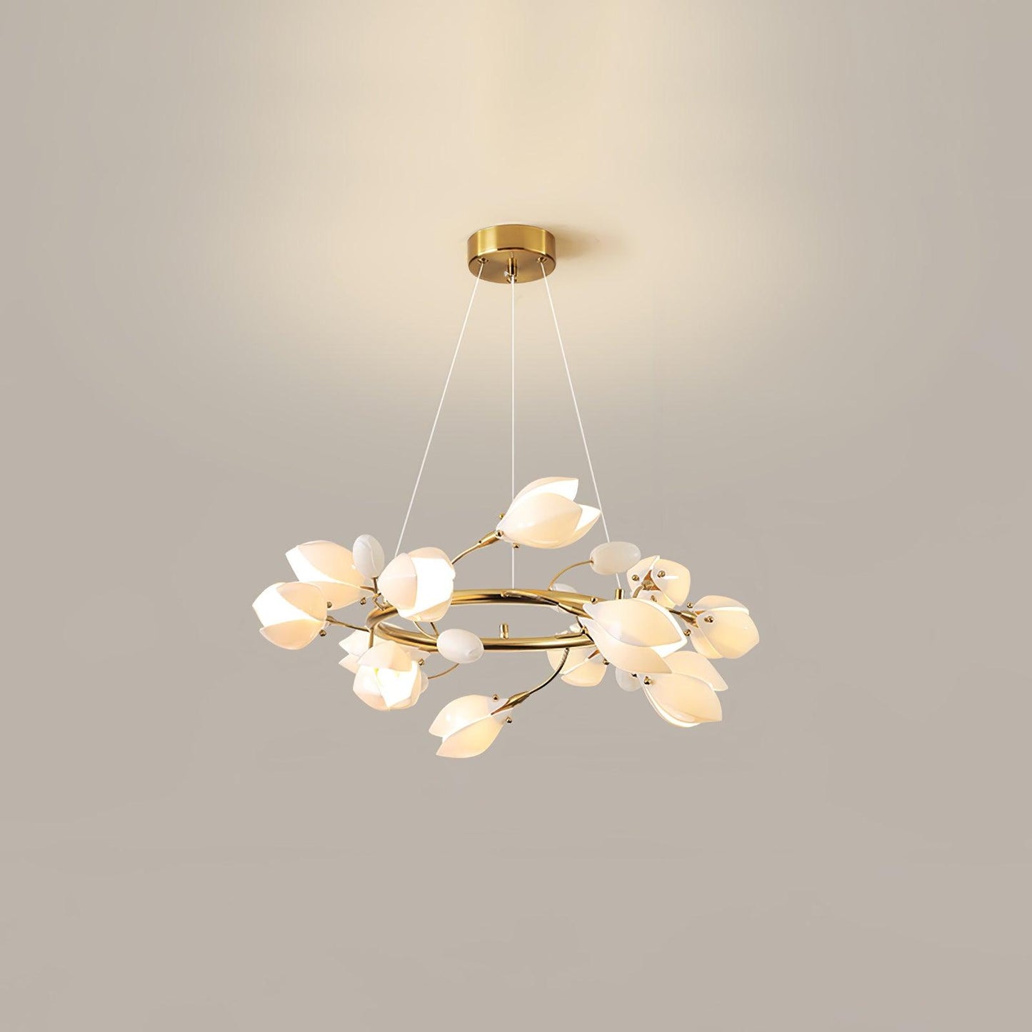 Porcelain Magnolia Chandelier 12 heads ∅ 23.6″ x H 11.8″ / Dia 60cm x H 30cm / Gold & White Ceramic Chandelier