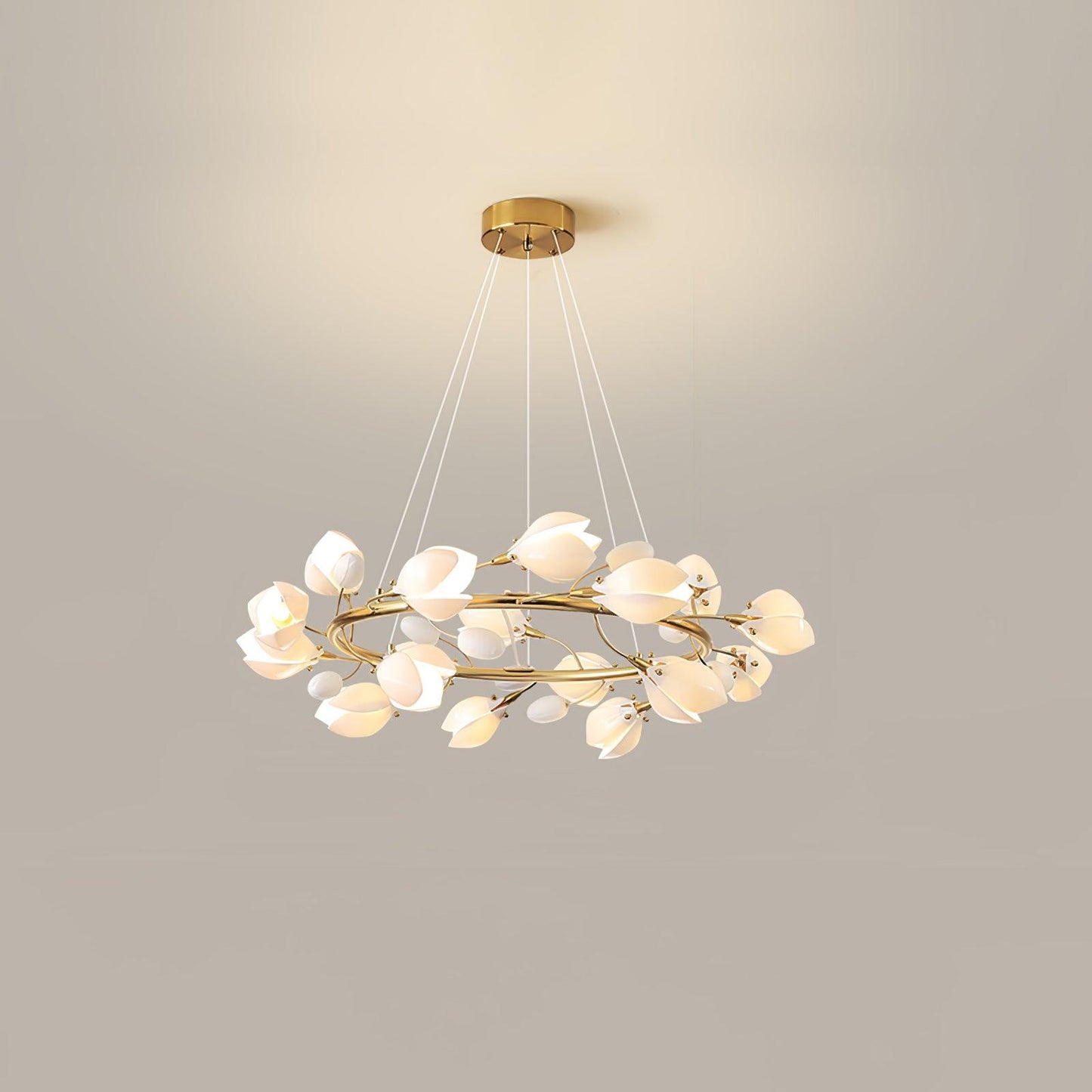Porcelain Magnolia Chandelier 16 heads ∅ 31.5″ x H 11.8″ / Dia 80cm x H 30cm / Gold & White Ceramic Chandelier