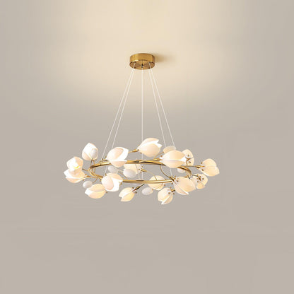 Porcelain Magnolia Chandelier 16 heads ∅ 31.5″ x H 11.8″ / Dia 80cm x H 30cm / Gold & White Ceramic Chandelier