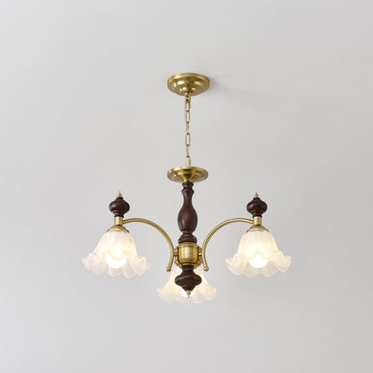 Blossom Flowers Chandelier 3 heads ∅ 25.6″ x H 18.5″ / Walnut Color & Gold Chandelier