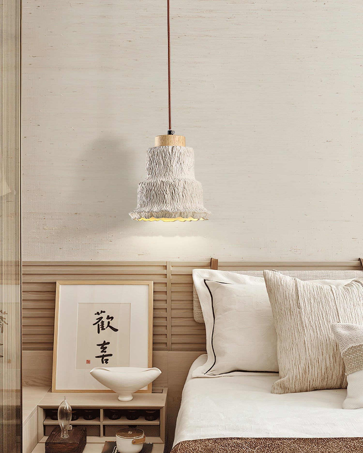Boulder Pendant Light ∅ 6.7″ x H 7.3″ / Yellow Travertine & Wood Color Pendant light