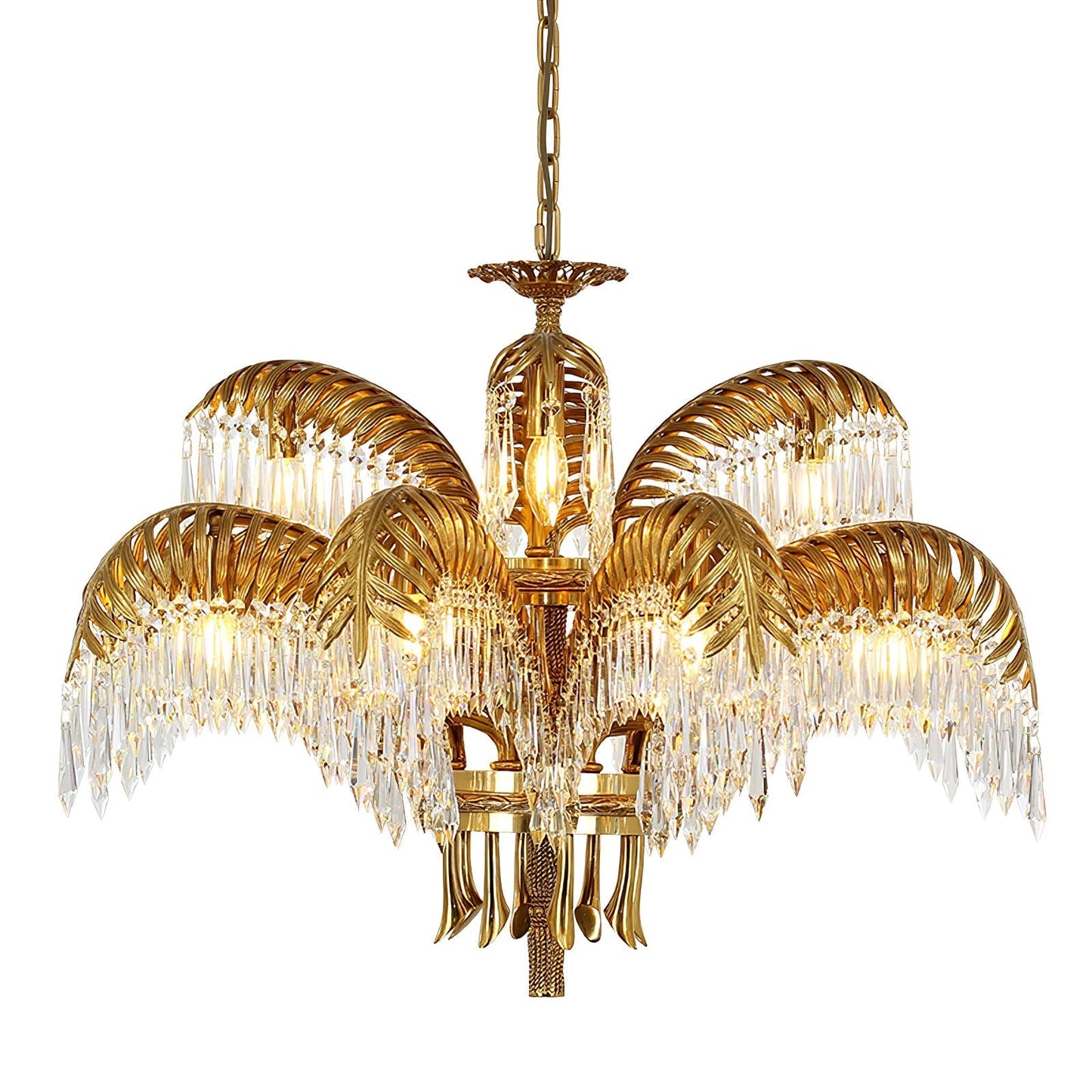 Brass Palm Leaf Crystal Chandelier 4 + 8 Heads ∅ 32.3″ x H 29.5″ / Dia 82cm x H 75cm / Brass & Clear crystal Chandelier
