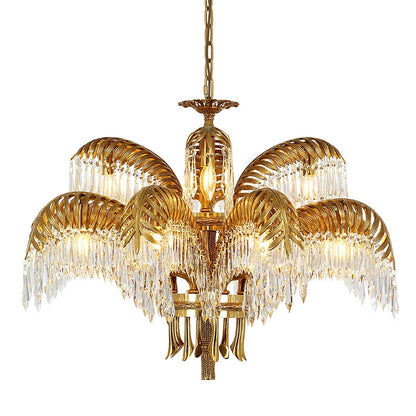 Brass Palm Leaf Crystal Chandelier 4 + 8 Heads ∅ 32.3″ x H 29.5″ / Dia 82cm x H 75cm / Brass & Clear crystal Chandelier