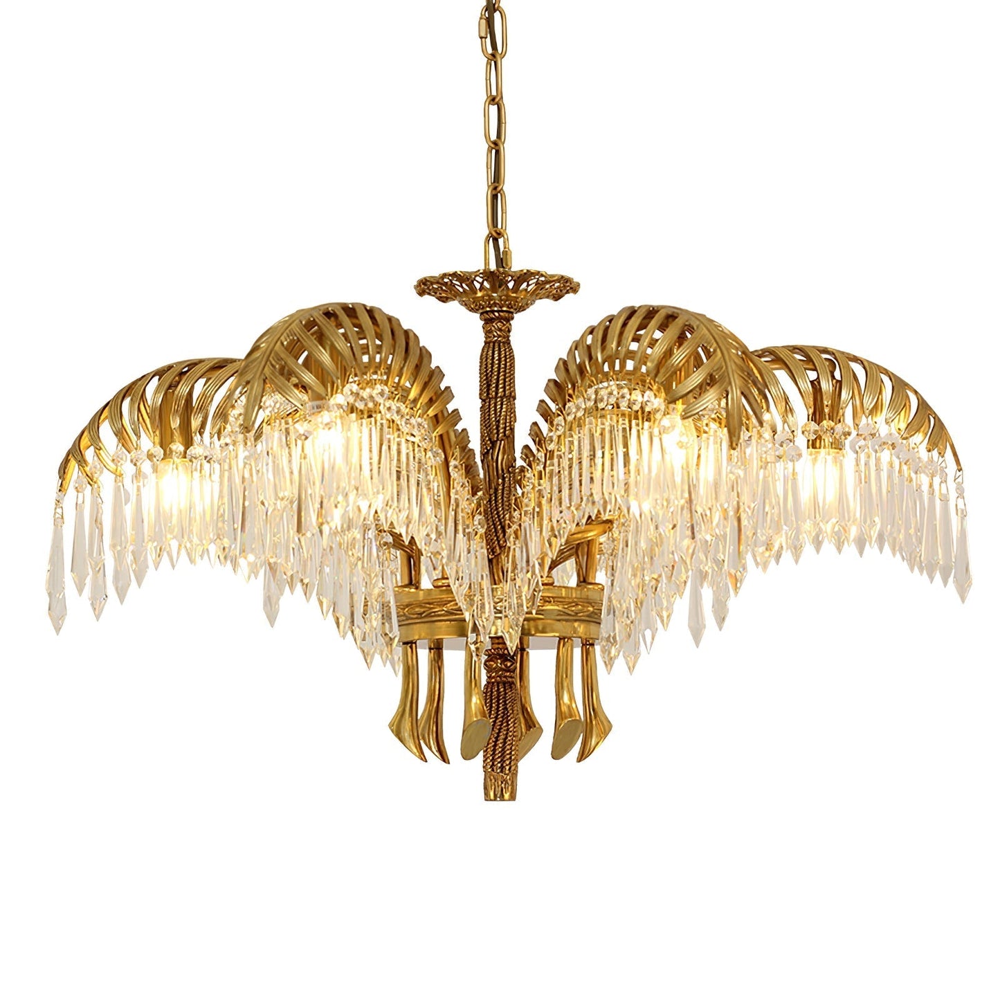Brass Palm Leaf Crystal Chandelier 6 Heads ∅ 29.9″ x H 16.5″ / Dia 76cm x H 42cm / Brass & Clear crystal Chandelier