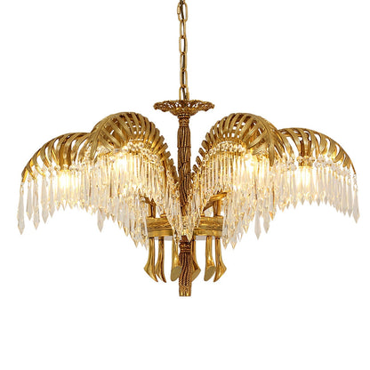 Brass Palm Leaf Crystal Chandelier 6 Heads ∅ 29.9″ x H 16.5″ / Dia 76cm x H 42cm / Brass & Clear crystal Chandelier