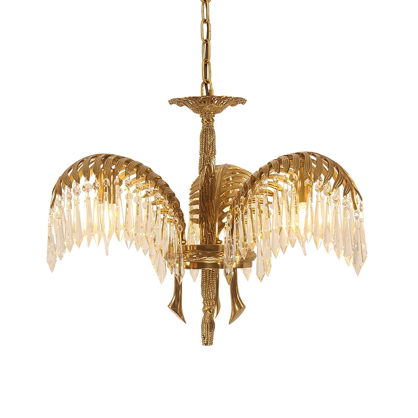 Brass Palm Leaf Crystal Chandelier 3 Heads ∅ 21.3″ x H 16.5″ / Dia 54cm x H 42cm / Brass & Clear crystal Chandelier