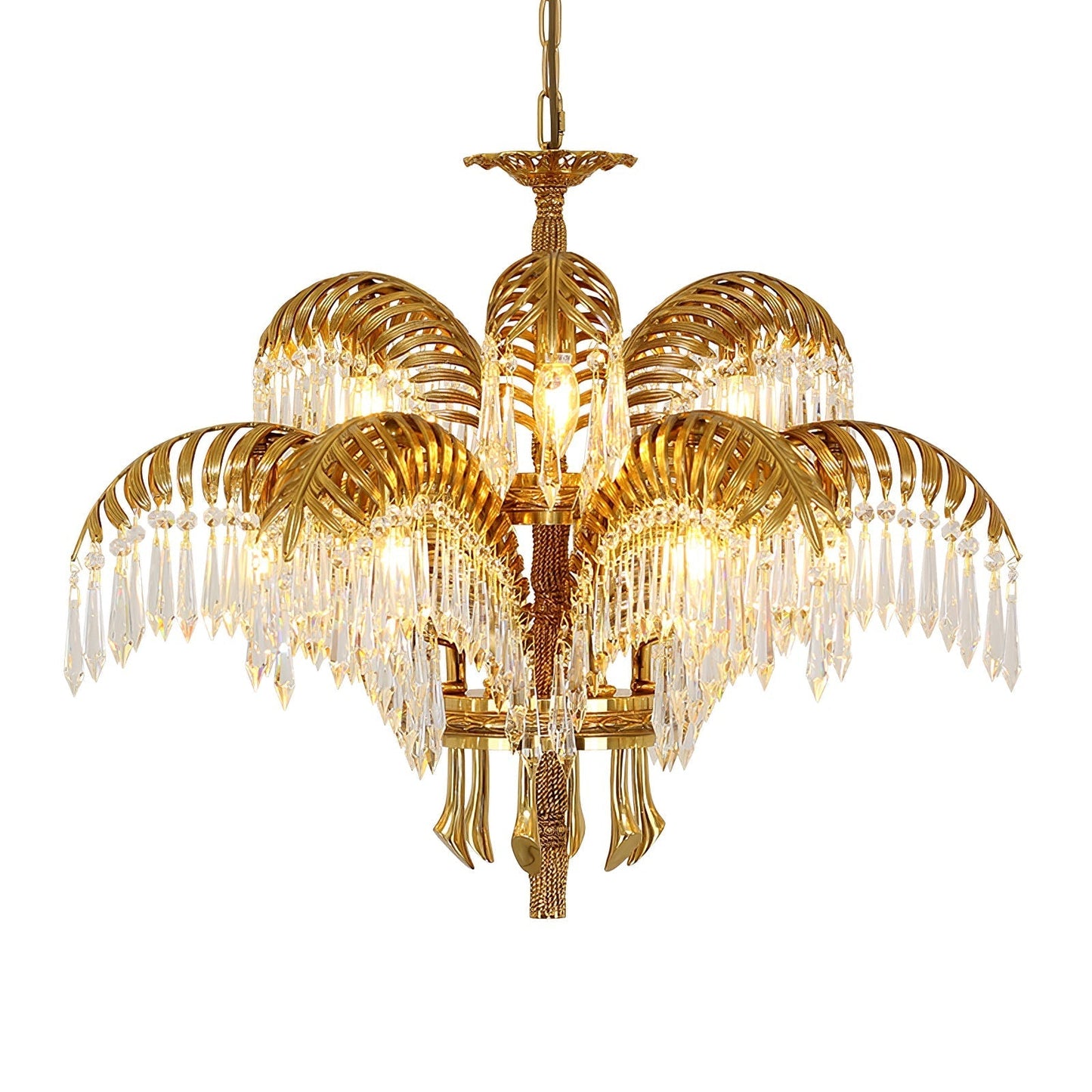 Brass Palm Leaf Crystal Chandelier 3 + 6 Heads ∅ 29.9″ x H 23.6″ / Dia 76cm x H 60cm / Brass & Clear crystal Chandelier
