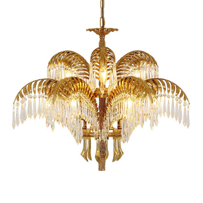 Brass Palm Leaf Crystal Chandelier 3 + 6 Heads ∅ 29.9″ x H 23.6″ / Dia 76cm x H 60cm / Brass & Clear crystal Chandelier