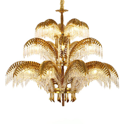 Brass Palm Leaf Crystal Chandelier 5 + 5 + 10 Heads ∅ 47.2″ x H 43.3″ / Dia 120cm x H 110cm / Brass & Clear crystal