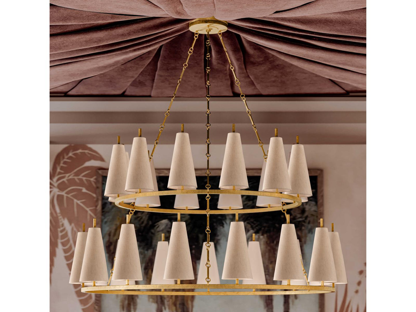 Corbett Lighting 27-Light Tirana Chandelier in Vintage Gold Leaf with Raw Silk Shades
