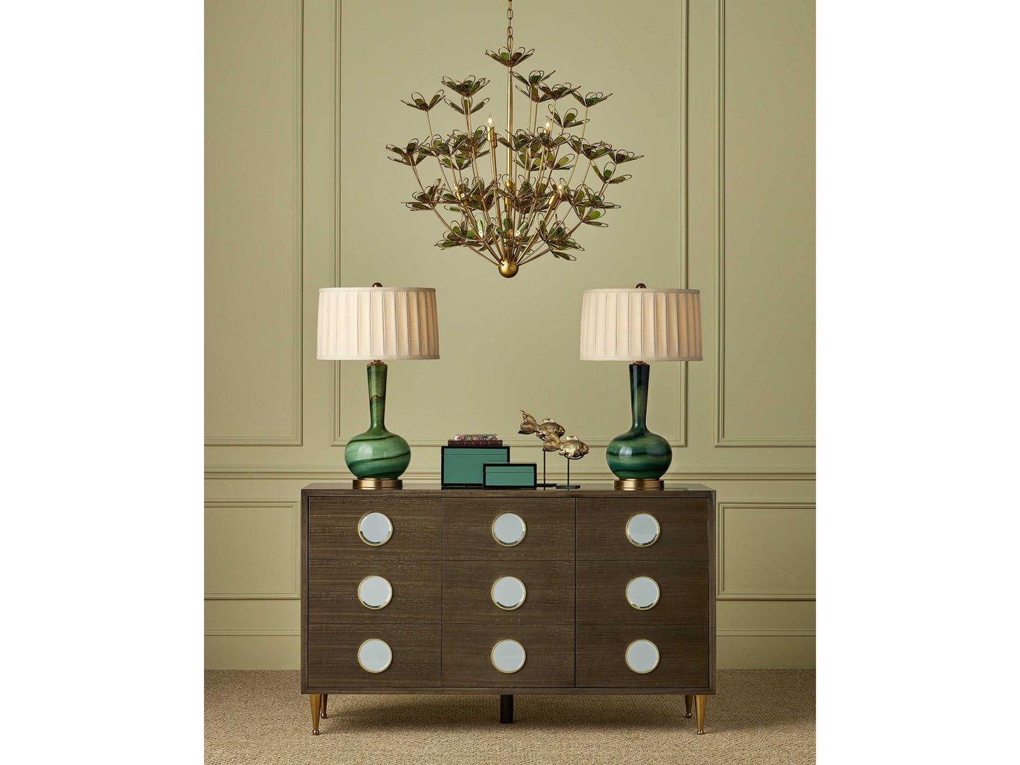 Currey & Company Currey and Company 9-Light Midsummer Chandelier in Gold and Green Glass
