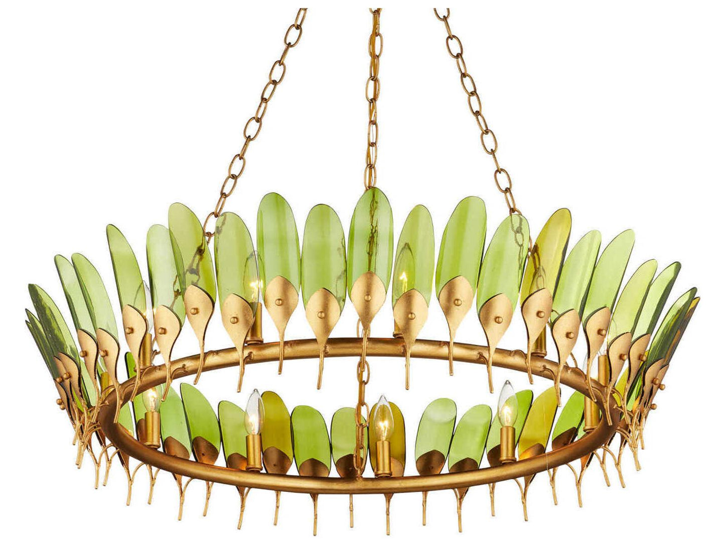 Currey & Company Currey and Company 11-Light Selavy Chandelier in Green Glass and Gold Leaf