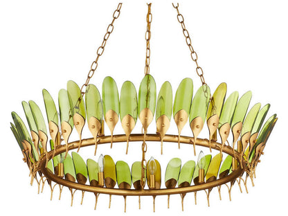 Currey & Company Currey and Company 11-Light Selavy Chandelier in Green Glass and Gold Leaf