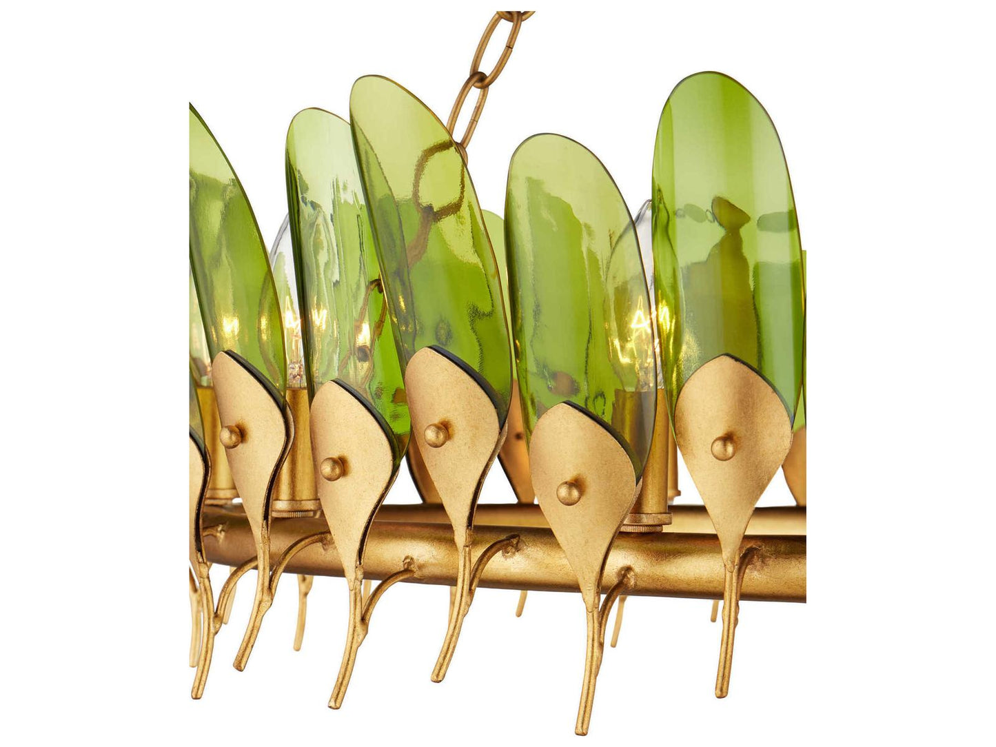 Currey & Company Currey and Company 11-Light Selavy Chandelier in Green Glass and Gold Leaf